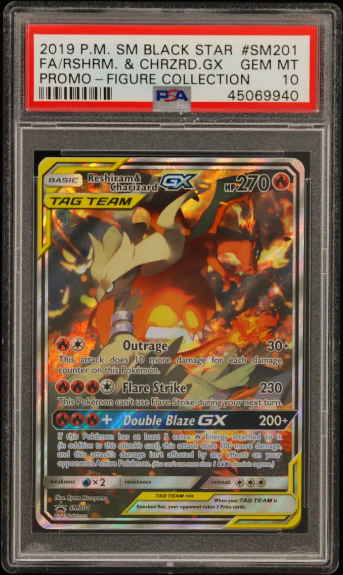2019 #SM201 Full Art/Reshiram & Charizard GX PSA 10 SM Black Star Promo