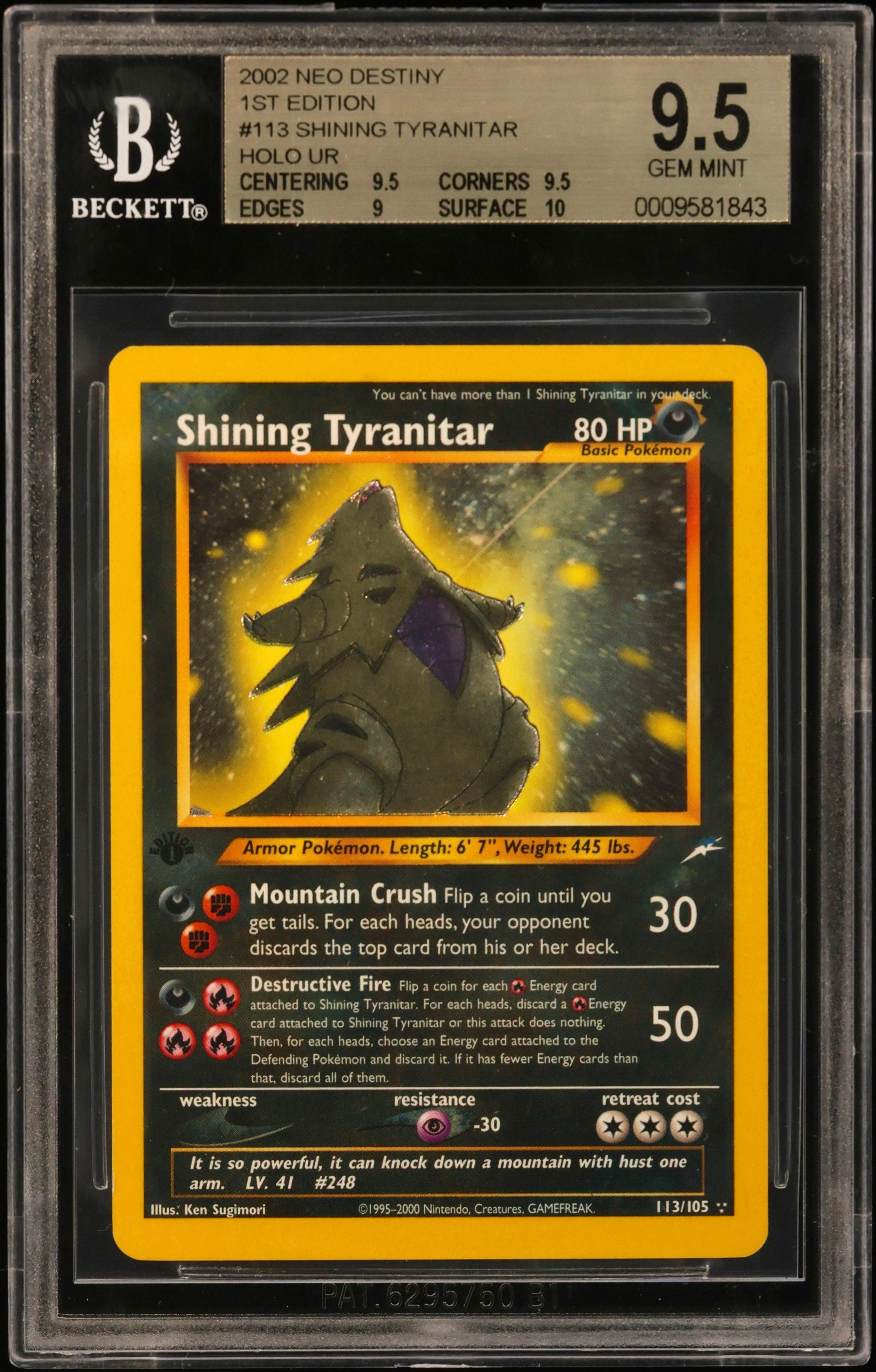 2002 #113 Shining Tyranitar HOLO R BGS 9.5 Neo Destiny 1st Edition