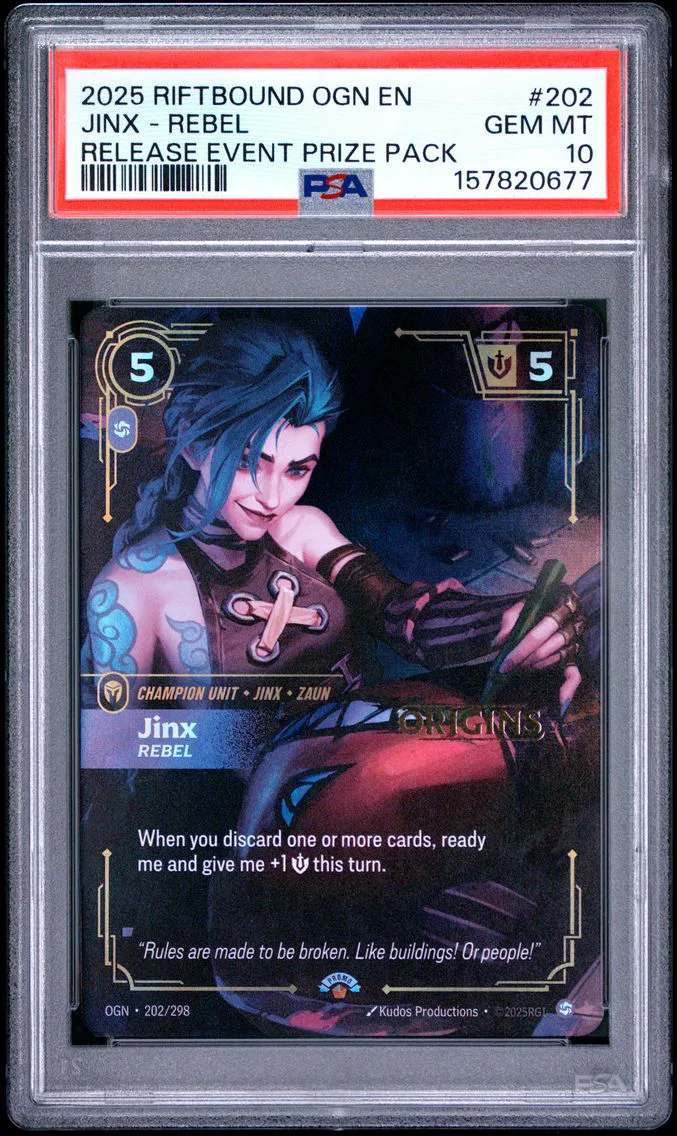 2025 #202 Jinx - Rebel PSA 10 Riftbound: League of Legends Ogn-Origins